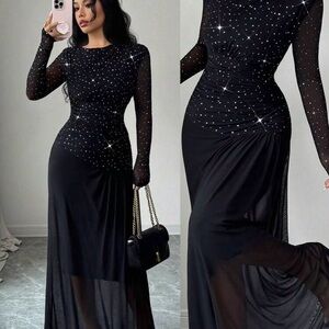Elegant Black Rhinestone Mesh Long Sleeve Evening Dress